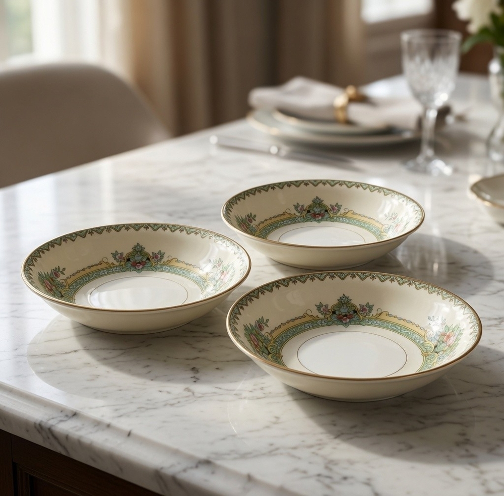 Noritake M Japan 1930s Floral Green Gold Rim Fruit Nappy Bowl 5.25" Set of 3 New